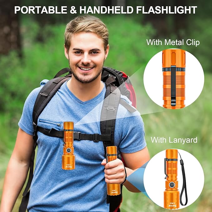 Flashlights High Lumens Rechargeable, 20000 Lumens Super Bright 1500 Meters Long Range Small Powerful Flashlight, 6 Modes LED Tactical Pocket Waterproof Flash Light for Camping (2, Black/Orange)