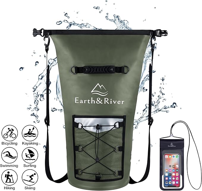 EARTH&RIVER Premium Dry Bag Backpack, Extra Thick, Protection for All Water Activities & Camping, Floating Lightweight Dry Bag with Inside Pocket Storage & IPX8 Waterproof Phone Case (Army Green, 30L)
