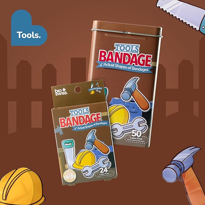 BioSwiss Bandages, Tools Shaped Self Adhesive Bandage, Latex Free Sterile Wound Care, Fun First Aid Kit Supplies for Kids and Adults, 24 Count