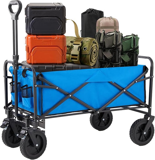 Collapsible Folding Wagon Cart with All-Terrain Wheels, Foldable Utility Cart with Adjustable Handle, Portable Grocery Shopping Cart on Wheels for Beach, Garden, Camping, Sports, Large Light Blue