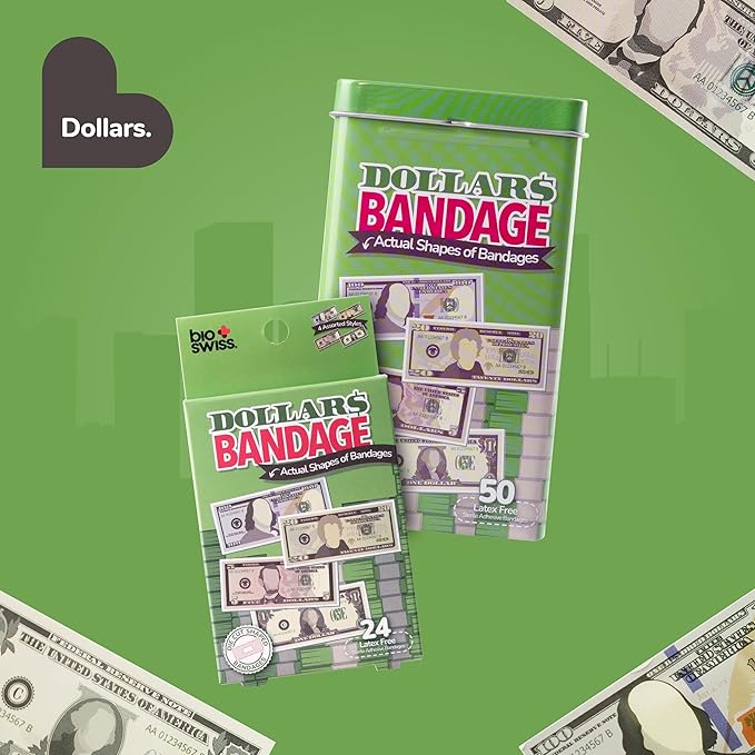 BioSwiss Bandages, Money Shaped Self Adhesive Bandage, Latex Free Sterile Wound Care, Fun First Aid Kit Supplies for Kids, 50 Count