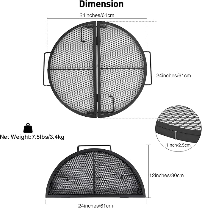 Lineslife X-Marks Fire Pit Cooking Grill Grates Portable, Heavy Duty Folding Round Campfire Grill Grate, Firepit Grill Grate with Handles for Outdoor BBQ Picnic, Black 24 Inch