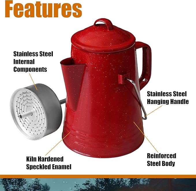 Grip Coffee Percolator (Red) - Durable Glazed Enamel Steel - Prepare Coffee Over the Fire - Camping, Hiking, Backpacking, Fishing, Hunting - (8 Cups)