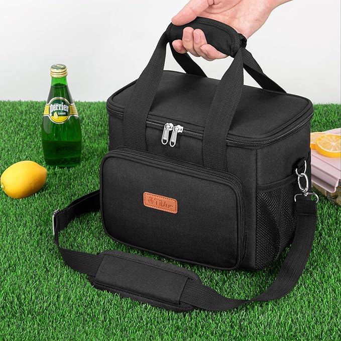 Tiblue Insulated Reusable Lunch Box for Office Work School Picnic Beach, Leakproof Freezable Cooler Bag with Adjustable Shoulder Strap (Medium, Midnight Black)