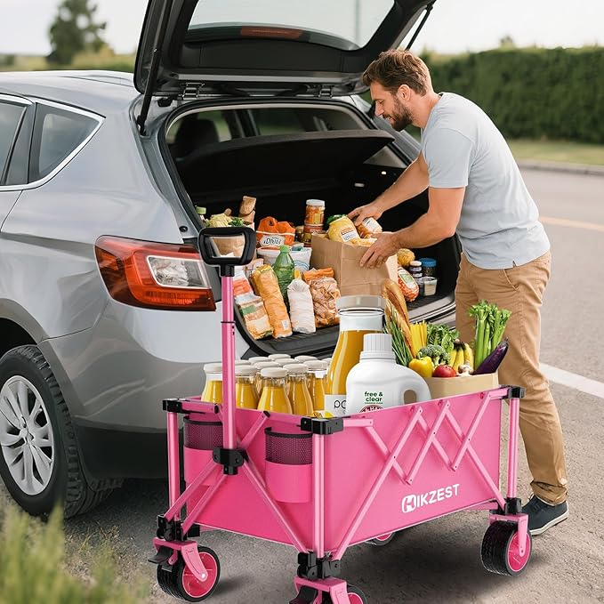 Collapsible Wagon Cart Foldable, 360LBS Heavy Duty Utility Wagon, Beach Wagon with Wider Wheels, Portable Grocery Cart for Camping, Shopping, Garden, Sports, Pink