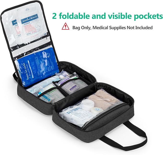 CURMIO Small First Aid Bag, Empty Emergency Trauma Kit Organizer Bag for Hiking, Camping, Car, Travel, Home and Outdoor, Black, BAG ONLY, Patent Pending