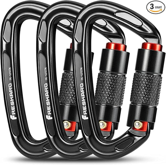FresKaro UIAA Certified 25KN Auto Locking Climbing Carabiner Clips, Twist Lock, and Heavy Duty Carabiners for Rock Climbing, Rappelling, and Mountaineering, D Shaped 3.93 Inch, Large Size, Black