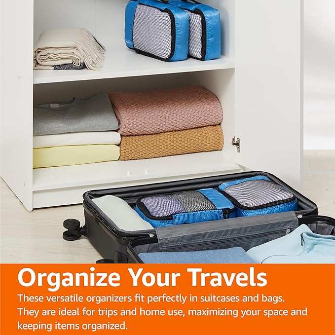 Amazon Basics Small Packing Cubes for Travel, Packing Organizers, 4-Piece-Set With Double Zipper Pulls and Mesh Top Panel, 100% Durable Polyester, Sky Blue, 11"L x 6.8"W x 3"H