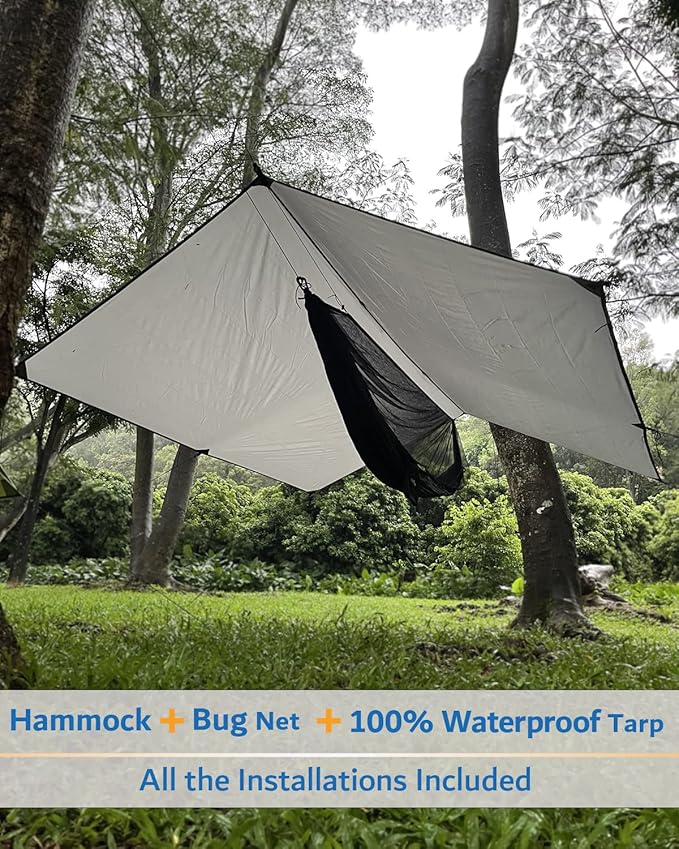 Sunyear Hammock Camping with Rain Fly Tarp and Net, Portable Camping Hammock Double Tree Hammock Outdoor Indoor Backpacking Travel & Survival, 2 Tree Straps,100% Waterproof