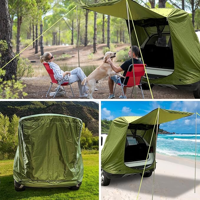 SUV Tailgate Tent,KOMCLUB Car Camping Tent with Awning Shade Waterproof Roof Canopy Green Hatchback Car Tent for Outdoor Travel Preferred,Universal Fit Most SUV,Tarp Poles+Tent Stakes+Reflective Ropes