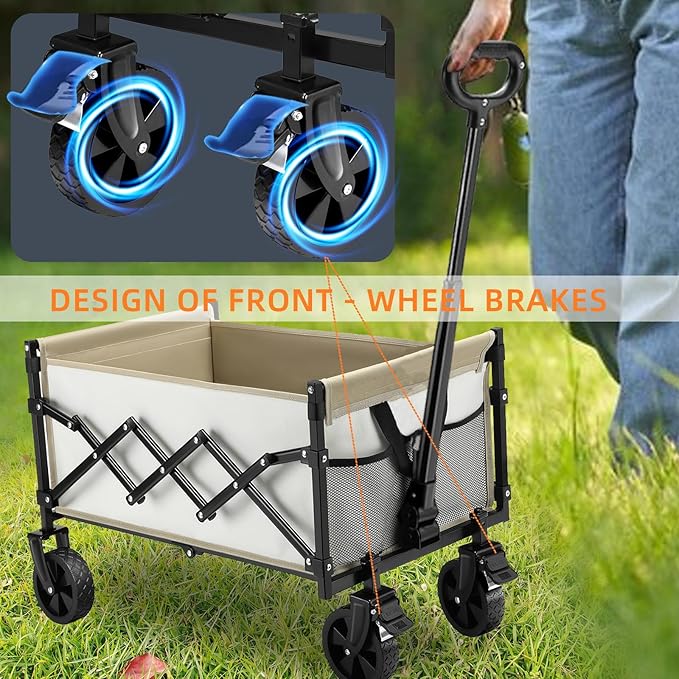 CAMTOP Collapsible Wagon Cart Foldable Wagon Portable Heavy Duty Folding Wagons with Braking Wheels Lightweight Outdoor Utility Wagon for Shopping, Sports, Camping, Garden, Grocery, Beach (Beige)