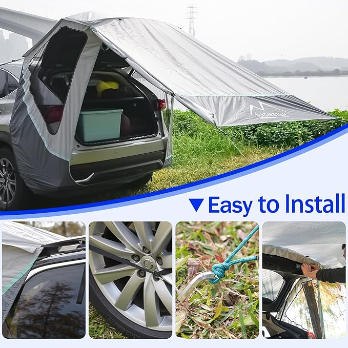 SUV Tailgate Tent with Three Sides Awning Shade & Transmittance Mosquito Net, Hatchback Camping Sunproof Car Tent, Universal SUV Windproof Car Camping Gear Tent Outdoor Travel.