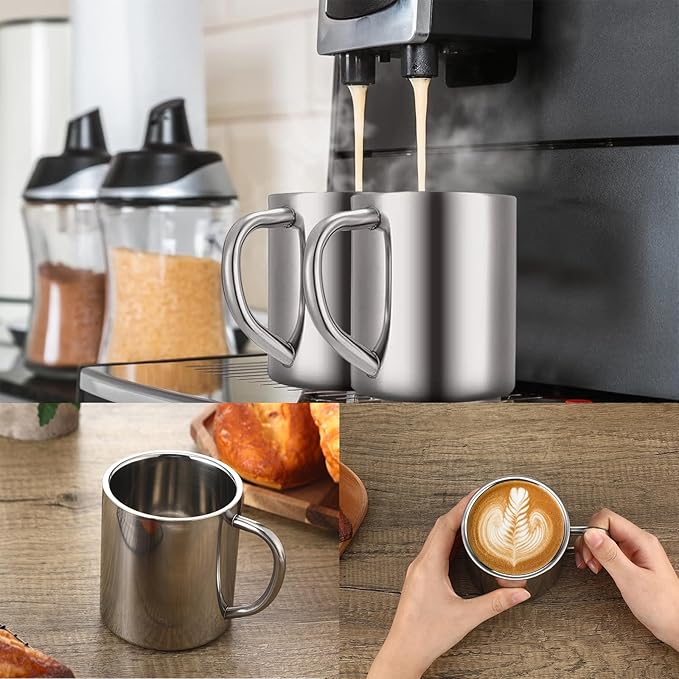 Cunhill 4 Set 13.5oz/400ml Stainless Steel Coffee Mug with Handle Metal Double Walled Cups Camping Mug Dishwasher Safe Tea Cups for Home Camping Travel Outdoors RV Keep Drinks Hot