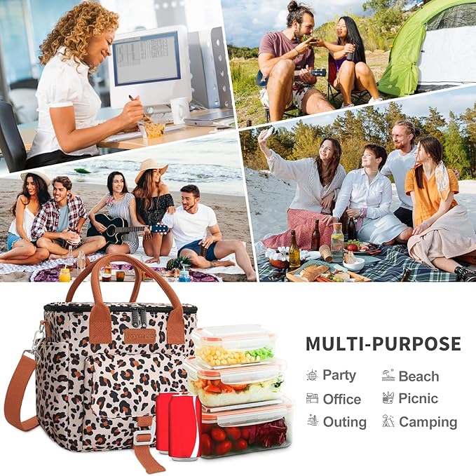 Joymee Insulated Lunch Bag for Women/Men, Waterproof Lunch Box for Office Work Picnic Beach, Reusable Large Leakproof Cooler Tote Bag with Adjustable Shoulder Strap & Side Pocket, Leopard Print