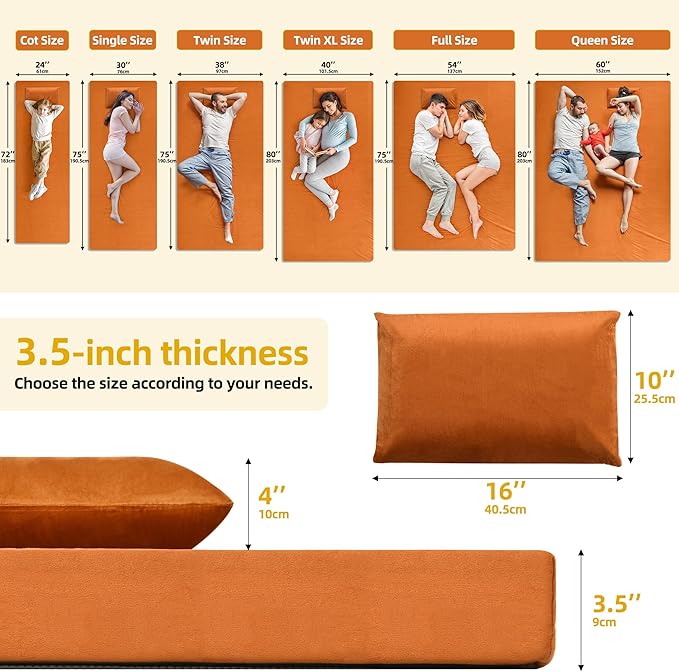 DWVO Memory Foam Camping Pad Futon Mattress Full, 3.5 INCH Thick Portable Floor Sleeping Mat with Travel Bag