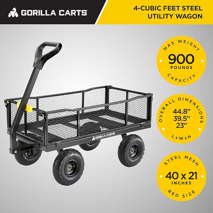 Gorilla Carts 4 Cu Ft Steel Utility Cart w/Removable Panels for Flatbed, 900 Lb Capacity