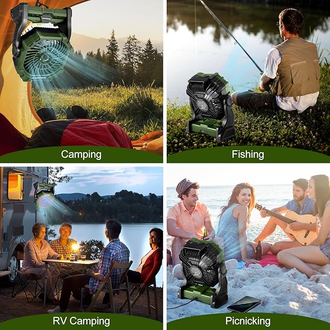 Odoland Portable Misting Fan with LED Light, 10000mAh Battery Operated Rechargeable Camping Mister Fan with 250mL Water Tank and Hook, Outdoor Tent Cooling Mist Fans for Patios Beach Home, Green
