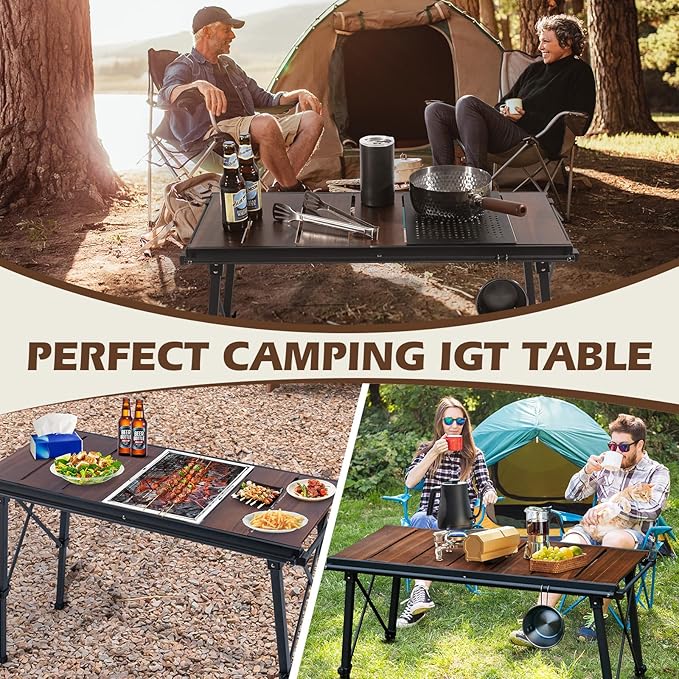 CHANGE MOORE Portable IGT Camping Table Acacia Wood Tabletop, 16.14-26.4inch Height-Adjustable Aluminum Table Leg, X-Shaped Structural Support, 3 Side Pipes Outdoor Table with Carrying Zipper Bag