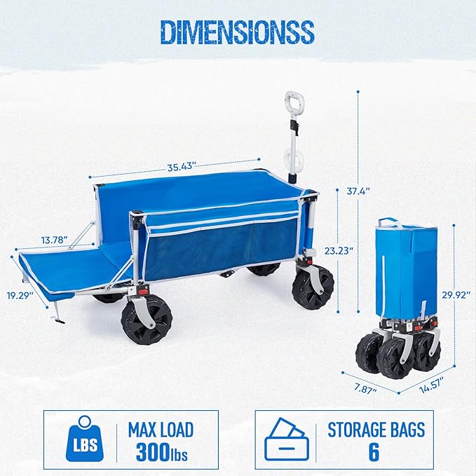 300lbs Extra Long 49" L Beach Wagon with Big Wheels for Sand, Collapsible Utility Beach Cart Heavy Duty Folding Wagon,Ideal for Outdoor Sand Camping Garden Pet