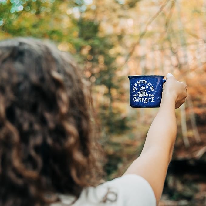 Camco Life is Better at The Campsite Ceramic Coffee Mug 4-Pack - Microwave and Dishwasher Safe - Features Camping & RVing Designs - Coffee Cups Holds 14oz. (53357)