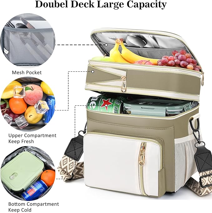 LOKASS Lunch Box for Women/Men-16L-Insulated Lunch Bag, Expandable Double-layer Leakproof Cooler Bag with Upgrade Adjustable Shoulder Strap Ideal for Work/Travel/Picnics(Beige&White)