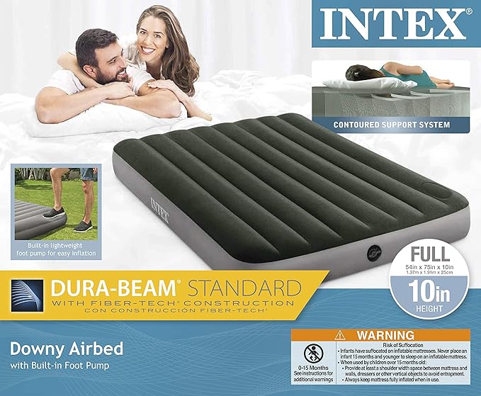 Intex 64762E Dura-Beam Standard Downy Air Mattress: Fiber-Tech – Full Size – Built-in Foot Pump – 10in Bed Height – 300lb Weight Capacity