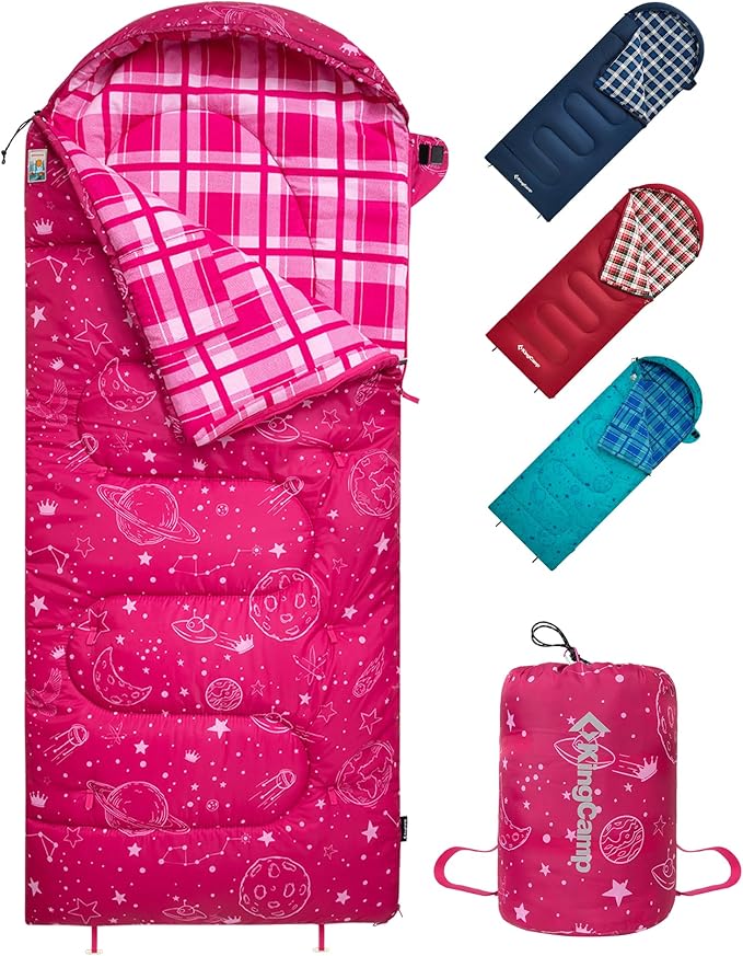 KingCamp 45°F Kids Sleeping Bag, Lightweight Waterproof & Compact Flannel Sleeping Bags Cold Weather & Warm Youth Essentials Gear Accessories for Camping, Fits 10-12 Children up to 5'5" Tall
