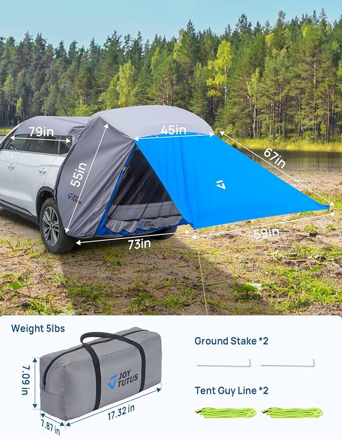 JOYTUTUS SUV Tailgate Tent with Big Awning, Water Resistant SUV Camping Tent with Car Roof Cover, Universal Fit Most Suvs, Car, Grey Blue