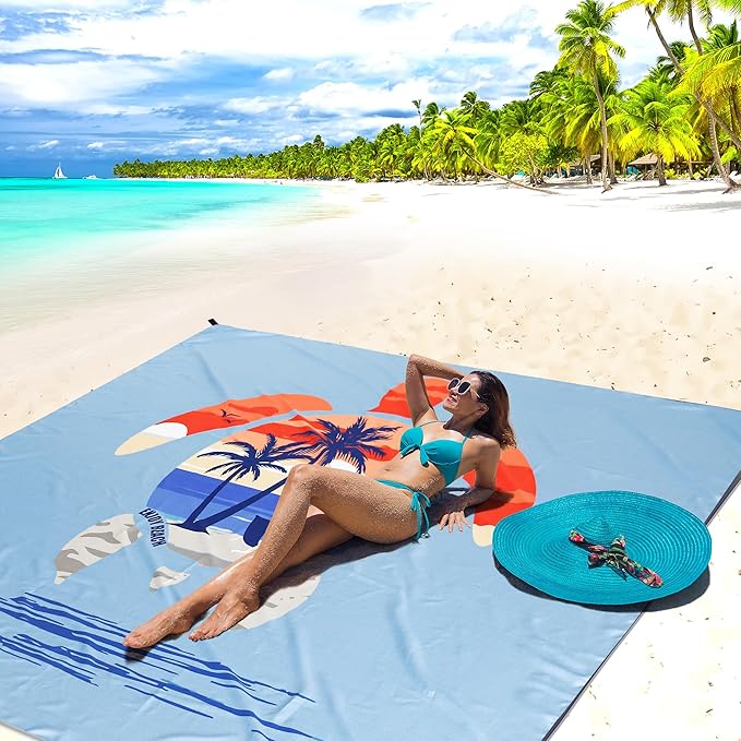Beach Blanket Sandproof Extra Large Beach Mat Adults Waterproof Quick Drying Sand Free Mat Made by Premium Polyester with 4 Stakes & 4 Corner Pockets for Outdoor Travel Camping Hiking