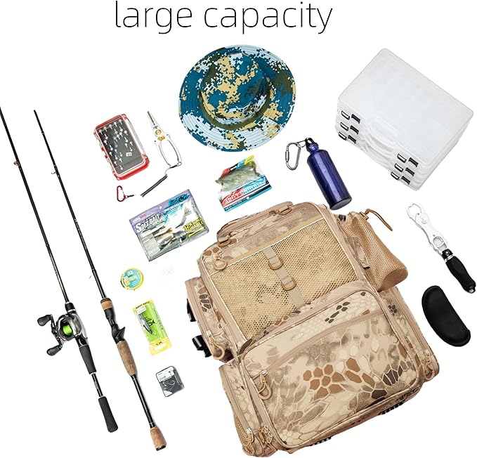 Rabjen Fishing Tackle Backpack with Rod Holders, Bottle Holder, Storage Bag Store Fishing Gear