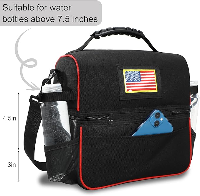 MIER Dual Compartment Lunch Bag Tote with Shoulder Strap for Men and Women Insulated Leakproof Cooler Bag, Black/Red