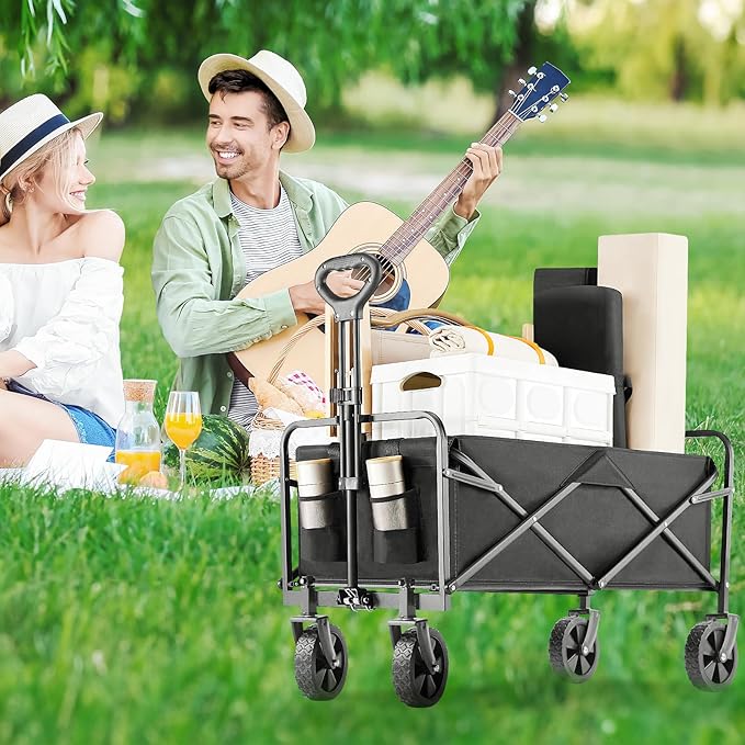 Collapsible Wagon Cart Foldable, 30" L Folding Beach Wagon with All-Terrain Wheels, Shopping Cart with 250lbs Capacity, Portable Camping Wagons Carts for Grocery Garden and Sports, Modern Black