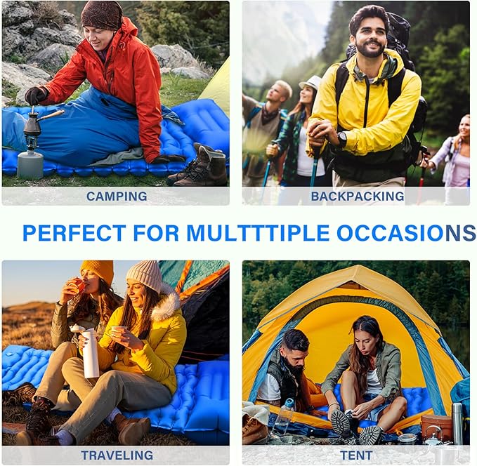 Camping Sleeping Pad, Ultralight Camping Pad with Pillow Built-in Foot Pump Inflatable Sleeping Mat Compact for Camping Backpacking Hiking Traveling - Blue