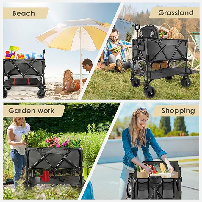 HOPERAN 400L XL Wagons Carts Foldable, 54" Extra Length Double Decker Collapsible Wagon Cart with Tailgate, 8" Big All-Terrain Wheels, 550lbs Load Utility Grocery Cart for Camping,Sports,Beach