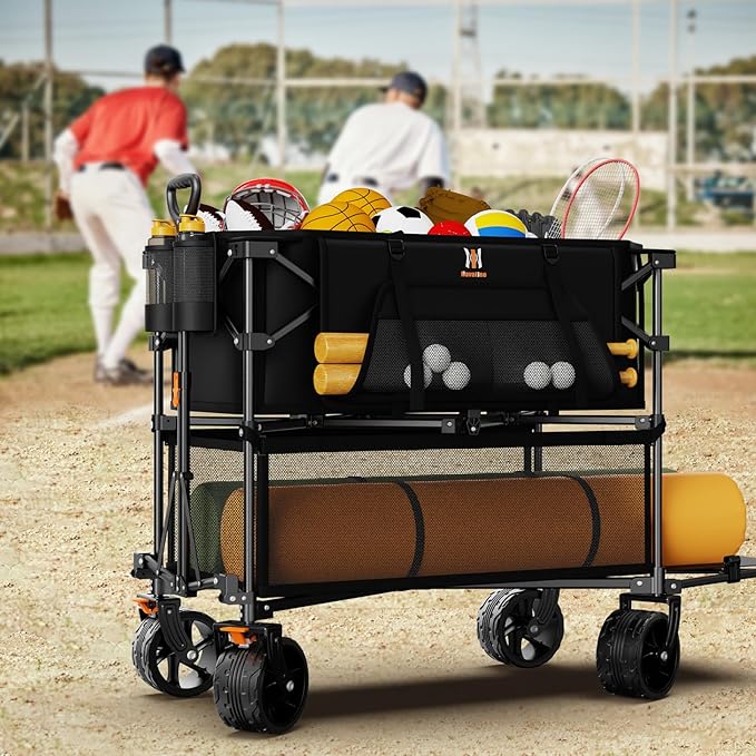 Navatiee 400L Double Decker Wagon Collapsible, 485LB Weight Capacity Heavy Duty Foldable Large Beach Wagon with Big All-Terrain Wheels, Folding Utility Cart for Sports, Camping, Outdoor, Black