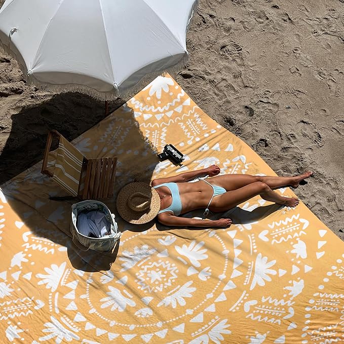 Sandproof Waterproof Beach Blanket, 78''×86'' Large Foldable Picnic Blankets for 1-4 Adults w/ 4 Stakes & 4 Pockets, Polyester Lightweight Sand Free Boho Outdoor Beach Mat for Camping, Hiking, Travel