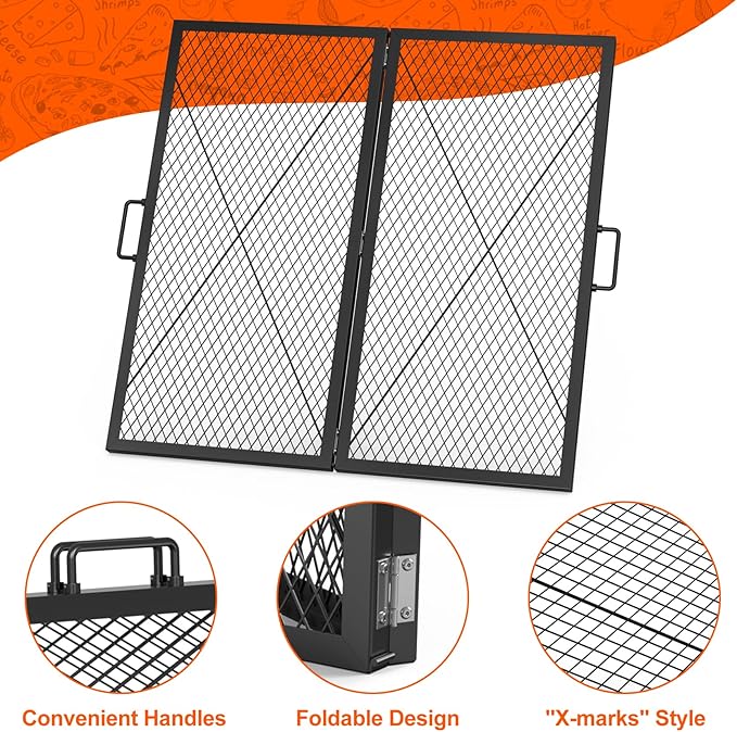 only fire Foldable X-Marks Fire Pit Cooking Grate, Outdoor Square Campfire Grill Grate with Handles, Portable Camping Cookware for Outside Party,30 inch
