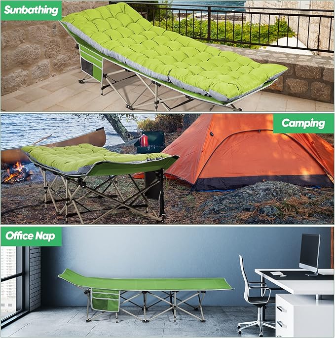 HAITRAL Portable Camping Cot with Mattress - Outdoor Folding Heavy Duty Sleeping Bed with Side Pocket for Adults - Oxford Single Lounge Chaise for Camping Tent Beach Office Max Load 300 LBS (Green)