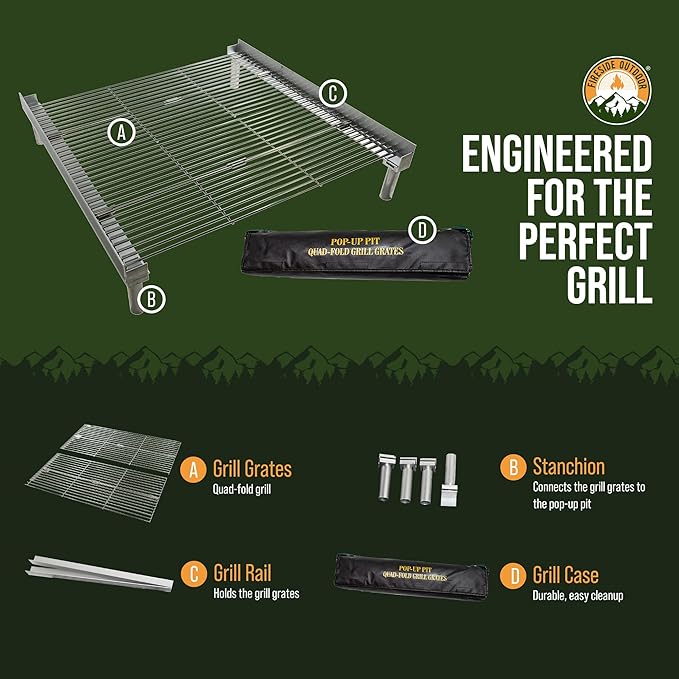 Fireside Outdoor Pop-Up Fire Pit Grilling Grate-Folding Grill Design for Outdoor Cooking, Portable Fire Pit Grill Grates, Camping Cooking, Foldable Campfire Grill Grate- Quad-Fold Folding Grill Grates