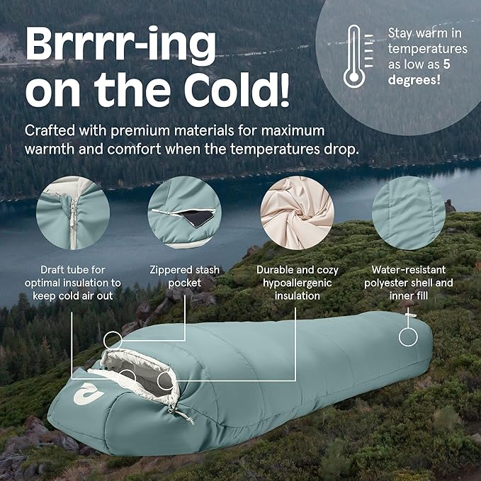 Retrospec Dream Sleeping Bag - 5, 15, 30 Mummy for Camping, Insulated Cold Weather, Lightweight Stuff Sack, Water-Resistant, Adjustable Draw Cords, Adult