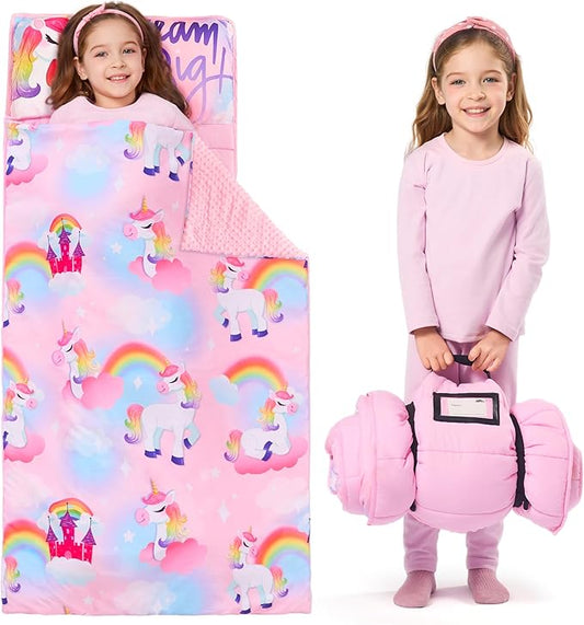 JOIEDOMI Toddler Nap Mat for Preschool 55''x30'' Sleeping Mat with Removable Pillow and Minky Blanket for Kids Ages 3-7 Roll Up Soft Kids Sleeping Bag for Boys Girls Kindergarten Daycare Sleepover