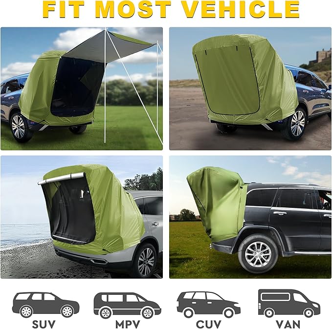 BUMBEE SUV Tailgate Tent Car Roof Canopy and Poles with Awning Shade, Outdoor Hatchback Rear Shelter, Roof Canopy, Waterproof Bug Protection, Fits for MPVs CUVs Van, Green