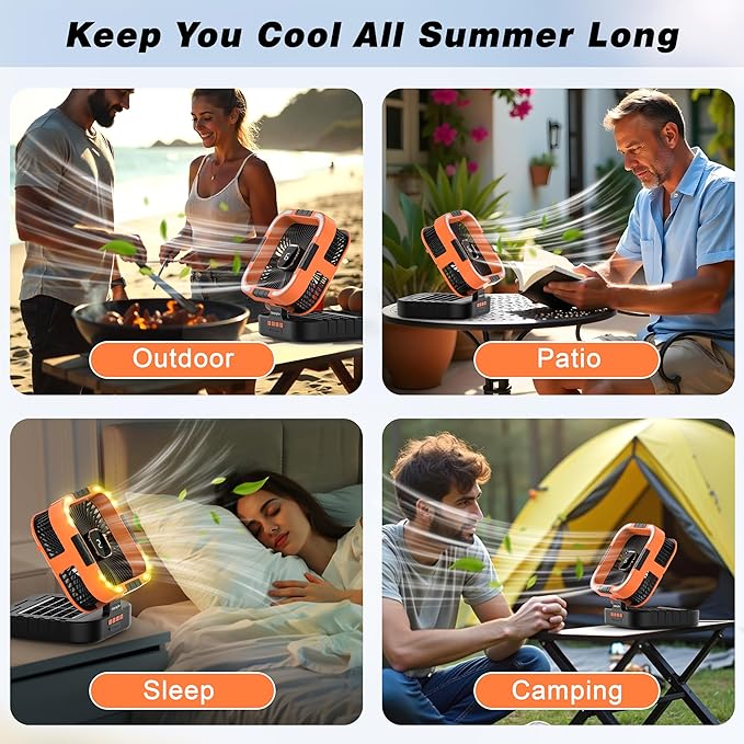 Solar Camping Fan Rechargeable 10000mAh Battery Operated Tent Fan with LED Lantern,120°Head Rotation, LED Screen,Timer, 6 Speed Solar Powered for Outdoor Travel Beach Home