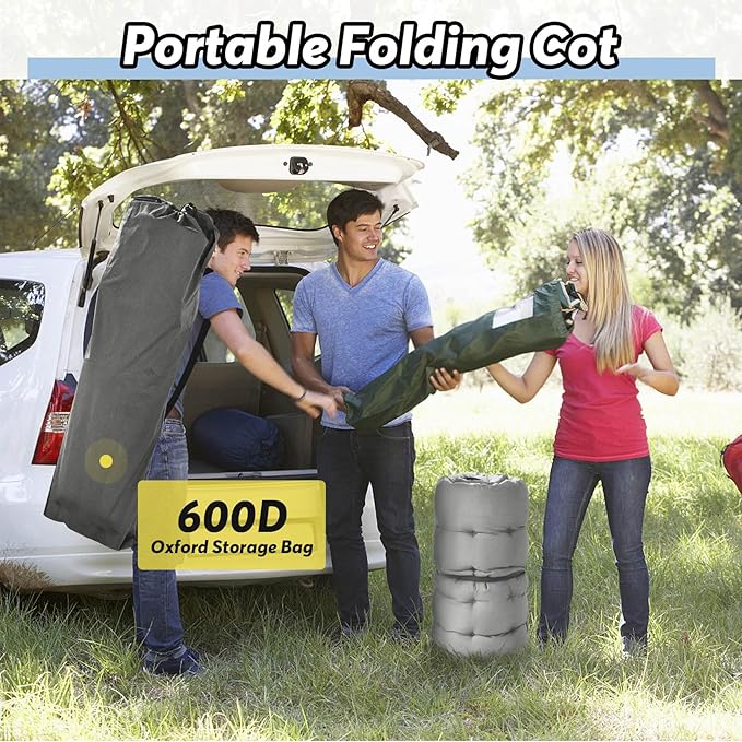 Slendor Oversized XXL Camping Cot, Folding Cot for Adults, 79" L x 32" W x 19" H Sleeping Cot with Mattress, Carry Bag, Camp Cot Bed for Travel, Guest, Support 500lbs, Stripe Grey Cot+ Grey Pad