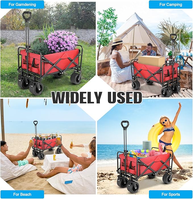 Beach Wagon,Collapsible Foldable Wagon Cart with Big Wheels,Utility Folding Grocery Lounge All Terrain Wagon with Side Pocket and Brakes for Sand Camping Sports Outdoor(Red).
