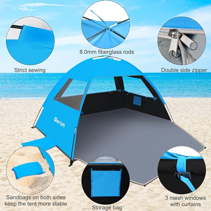 Gorich Beach Tent Sun Shelter for 3/4-5/6-7/8-10 Person with UPF 50+ UV Protection, Lightweight & Easy Setup Beach Shade Canopy, Portable Beach Shade Tent Beach Cabana