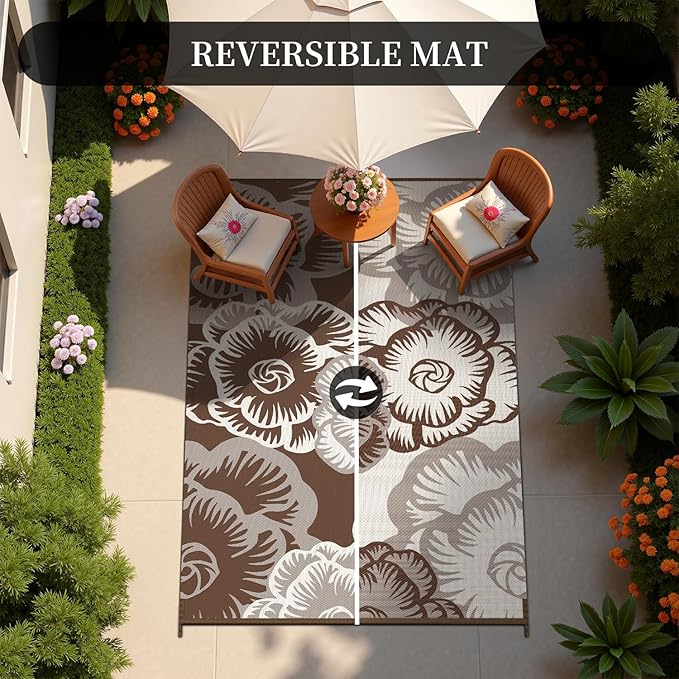 MontVoo Outdoor Rug-Waterproof Patio Rug Mat 5x8 Outdoor Carpet Mat Reversible Plastic Straw Outside Outdoor Rug for RV Camping Picnic Beach Balcony Backyard Pool Deck Farmhouse Floral Beige Brown