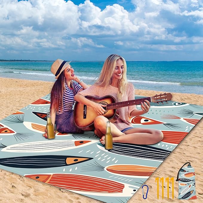Large Beach Blanket Waterproof Sandproof 79"x 83" for 1-4 Adults,Quick Drying Beach Mat,Lightweight & Durable,Beach Essentials for Family Beach Camping Travel Picnic(Small Fish)