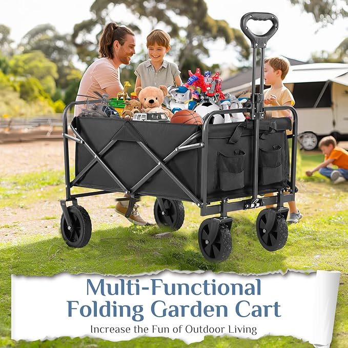 DUMOS Foldable Wagons Carts with All-Terrain Wheels, 120L & 360LBS Portable Garden Wagon Large Capacity Utility Cart with Drink Holders, Heavy Duty Collapsible for Sand, Beach, Gardening (30IN Black)