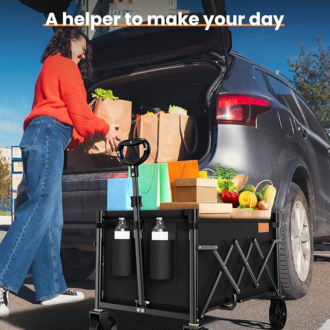 Collapsible Wagon Cart Foldable with 220lbs Weight Capacity, Lightweight Portable Folding Utility Grocery Shopping Cart with Wheels for Camping Sports Beach and Shopping